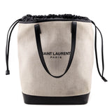 Saint Laurent Ivory Canvas & Black Calfskin Teddy Drawstring Shopping Tote