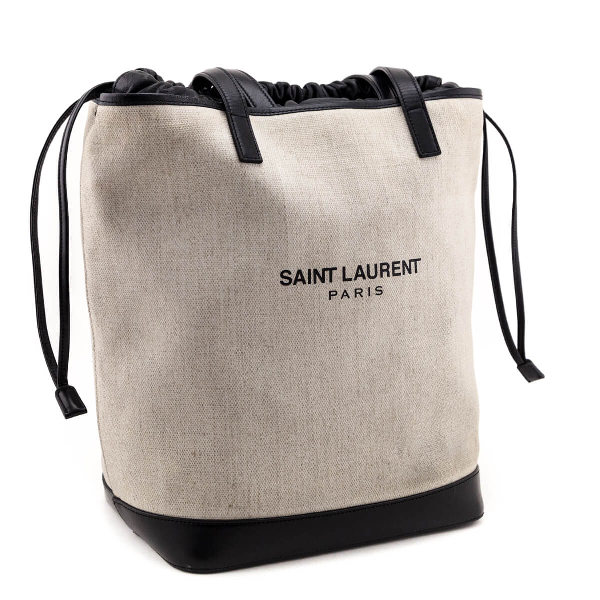 Saint Laurent Ivory Canvas & Black Calfskin Teddy Drawstring Shopping Tote