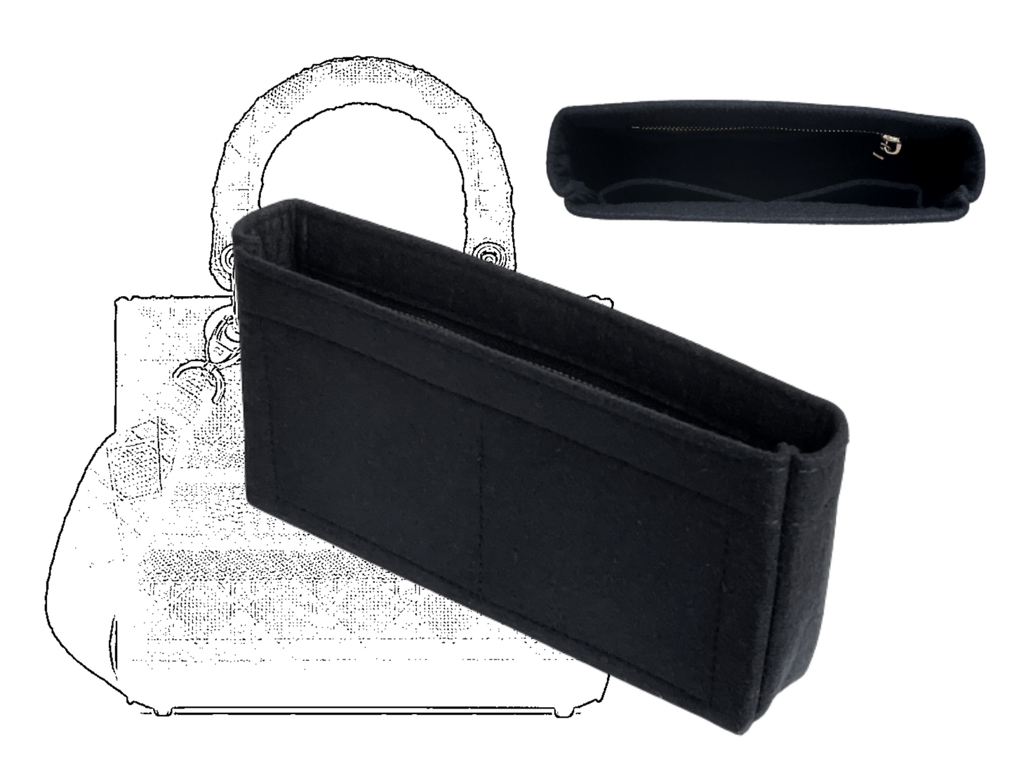 [Large Lady D-LITE Bag Organizer] Felt Purse Insert (Slim with Zipper), Customized Bag Organizer, Liner Protector, Dlite