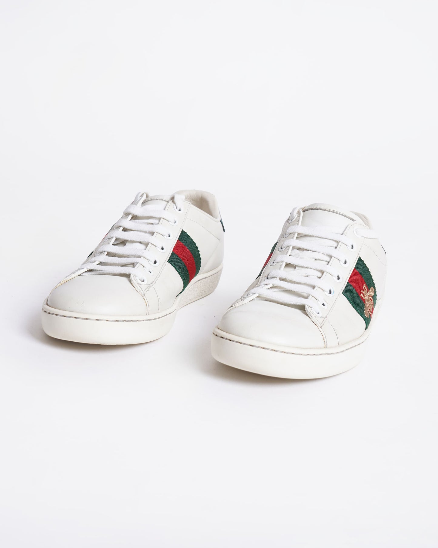 Gucci Ace White Leather Sneakers With Signature Canvas Stripes Women's
