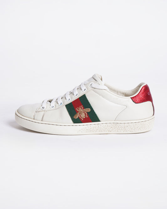 Gucci Ace White Leather Sneakers With Signature Canvas Stripes Women's