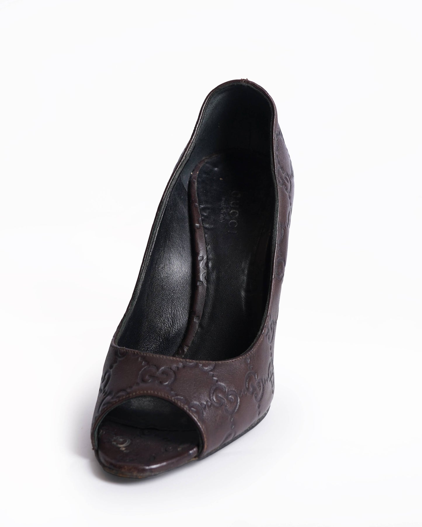 Gucci Dark Brown Guccissima Leather Peep Toe Pumps Size