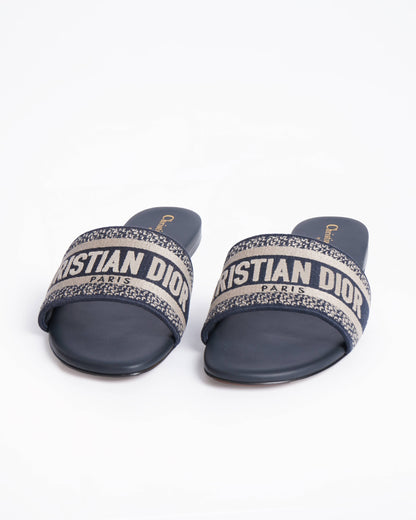 New Christian Dior Dway Deep Blue Embroidered Cotton Slides