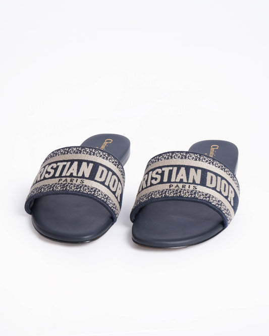 New Christian Dior Dway Deep Blue Embroidered Cotton Slides