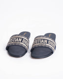 New Christian Dior Dway Deep Blue Embroidered Cotton Slides