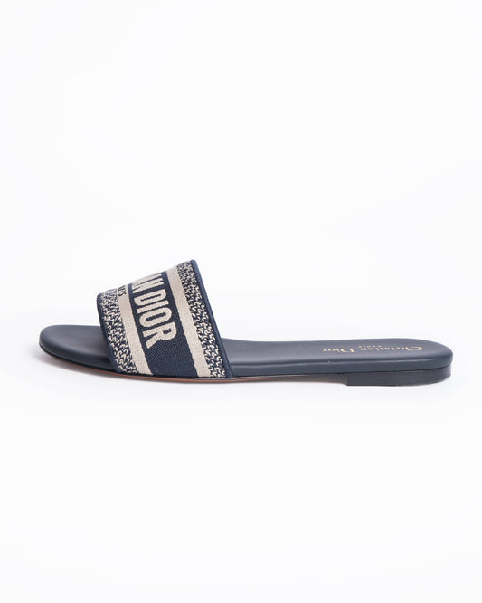 New Christian Dior Dway Deep Blue Embroidered Cotton Slides