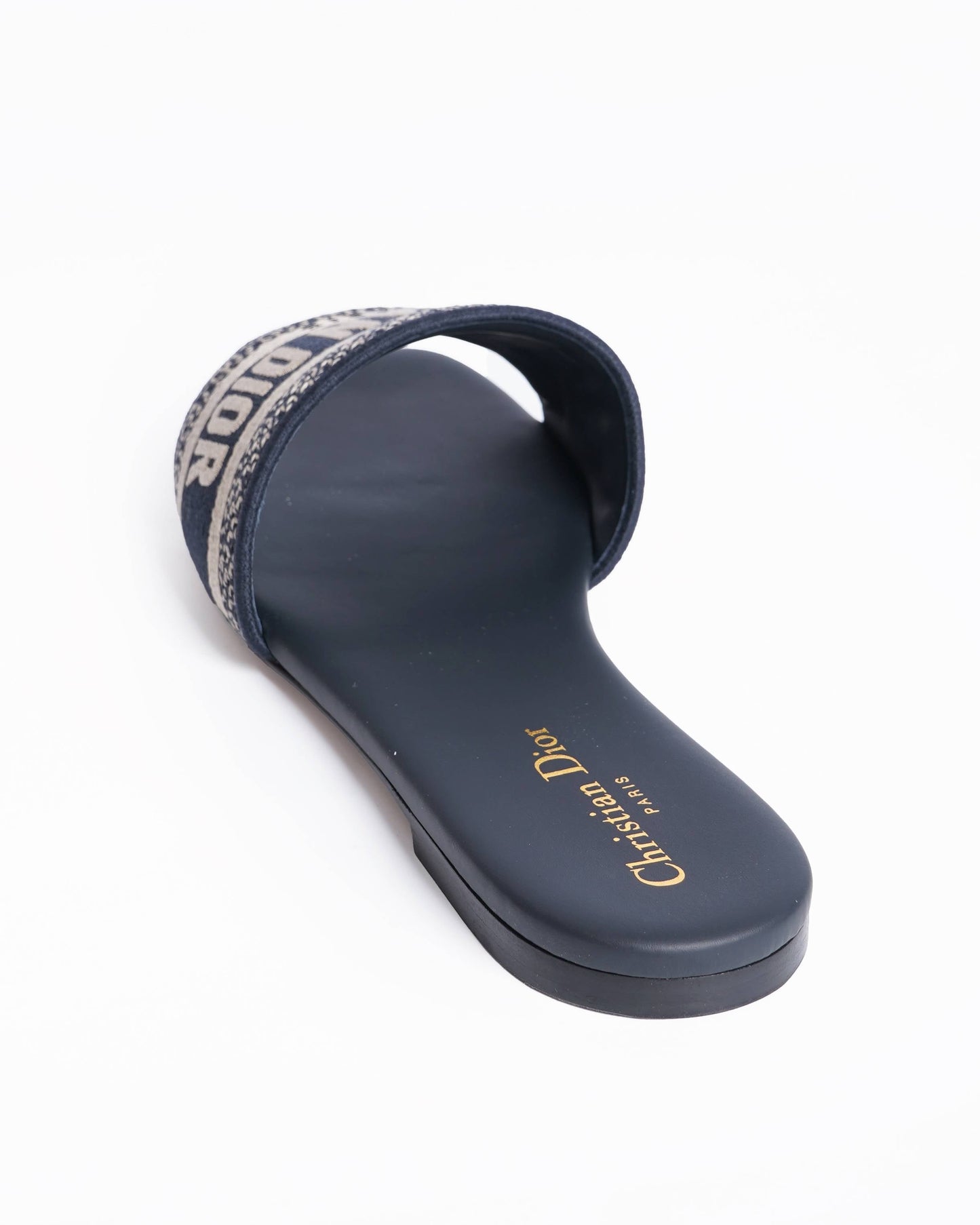 New Christian Dior Dway Deep Blue Embroidered Cotton Slides