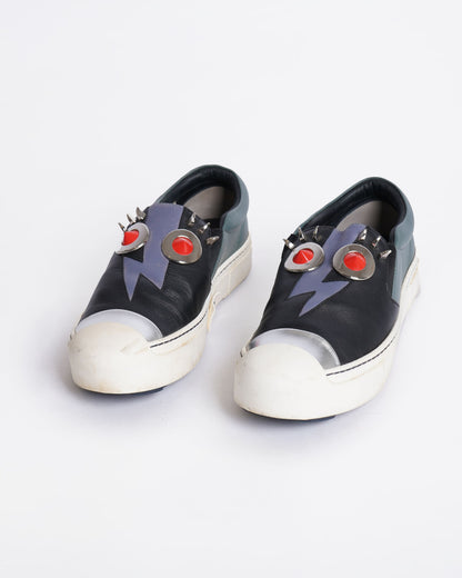 Fendi monster black leather slip on sneakers