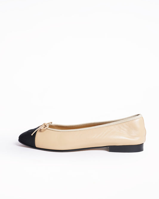 Chanel Beige & Black Cap-Toe Ballerinas