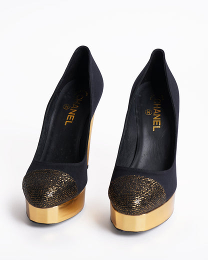 New Chanel Black & Golden Satin Block Heel Pumps