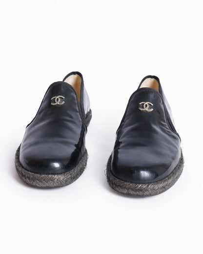 Chanel black patent leather cc logo loafers