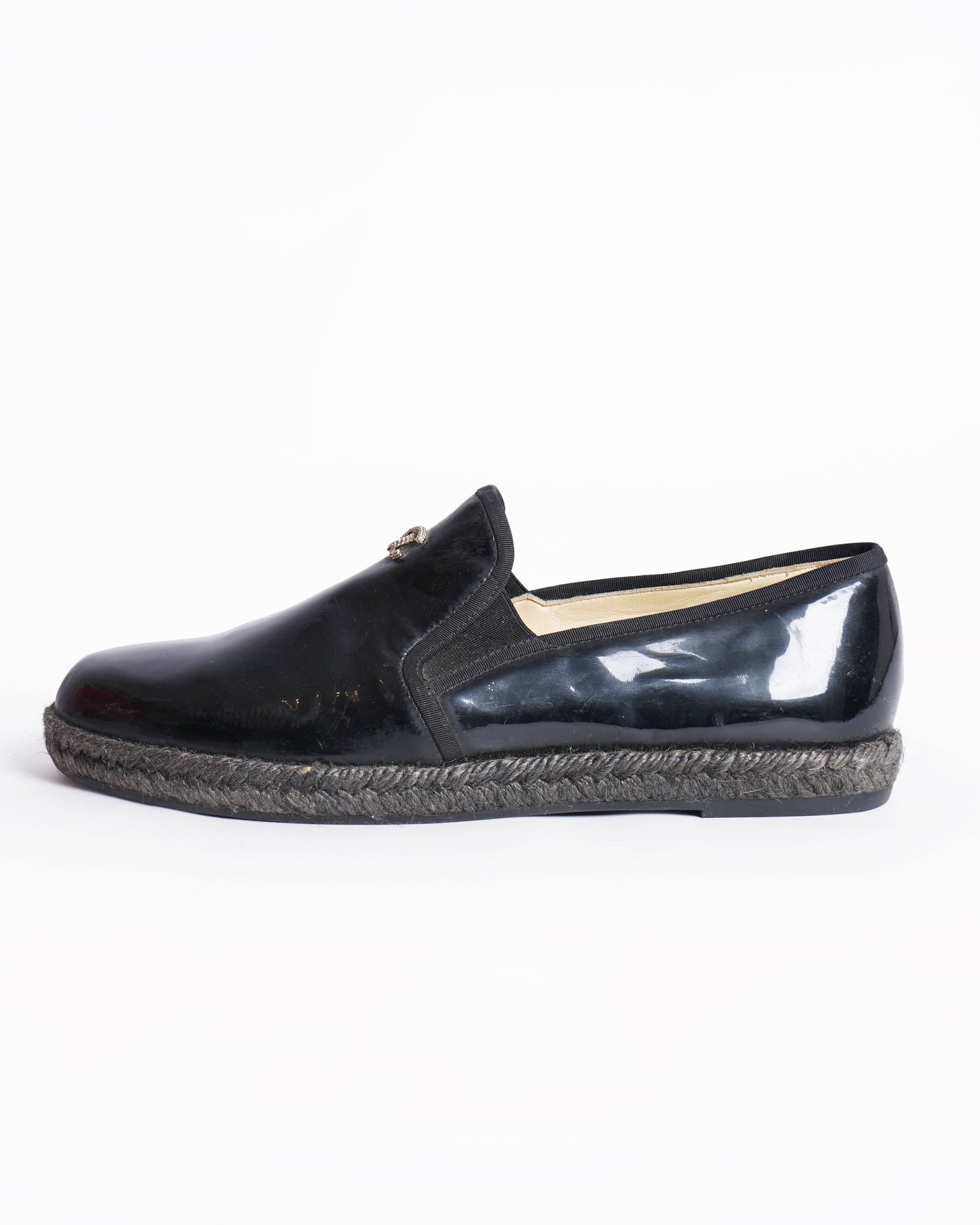 Chanel black patent leather cc logo loafers