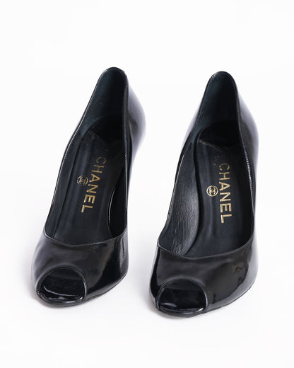 Chanel Black Peep Toe Pumps In Patent Leather
