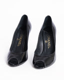Chanel Black Peep Toe Pumps In Patent Leather