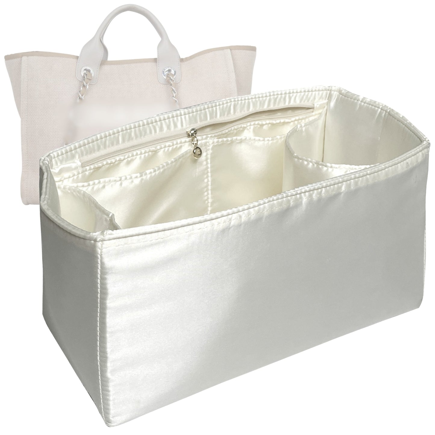 Organizer for [Deauville Canvas XL, Chanel] Bag Insert (Silk, Full-width Zip and Open Pocket)