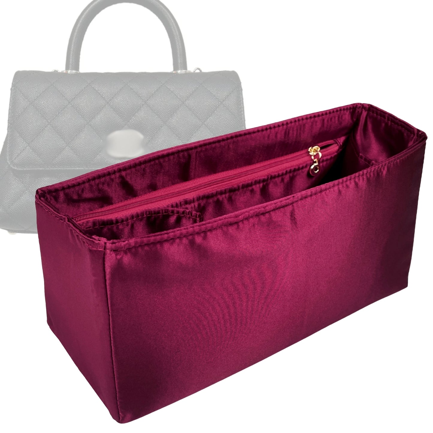 Organizer for [Coco Small, Chanel] Bag Insert (Silk, Trapezoid Shape with Zip Pocket)