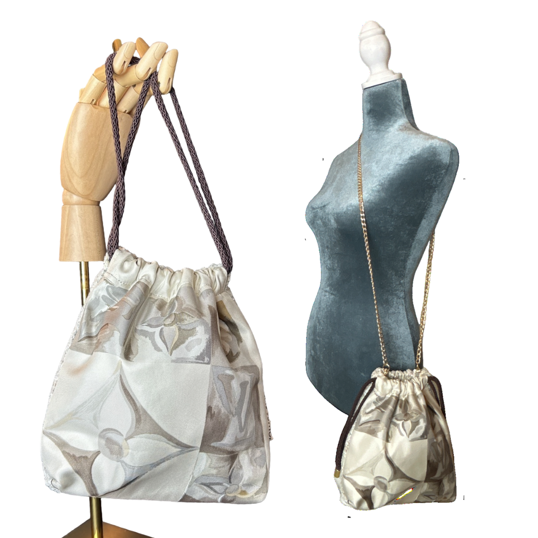 Au Fils du Temps   Silk Scarf Drawstring Crossbody Bag