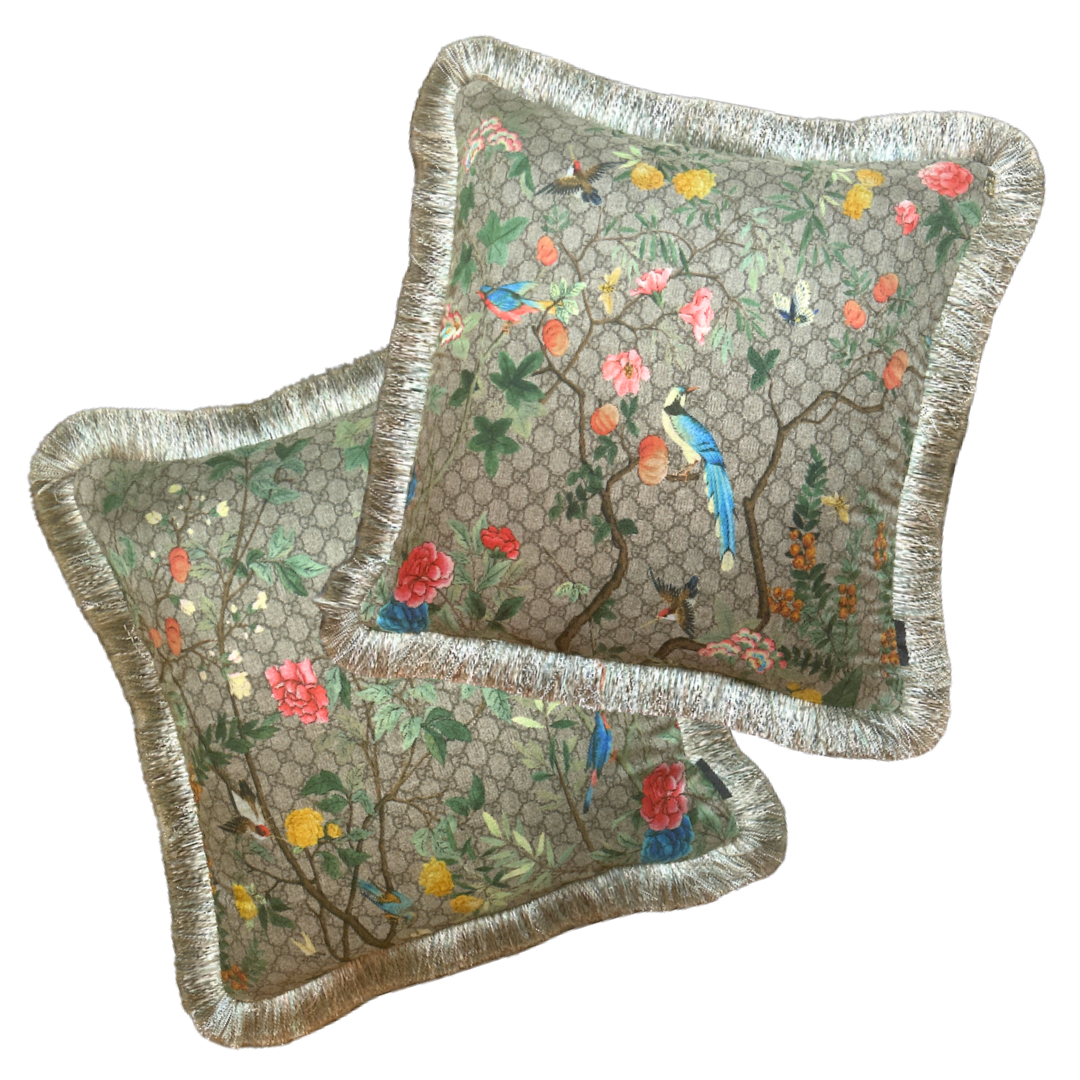 GG Logo Tree of Life Tian Chinoiserie   Silk Scarf Pillows