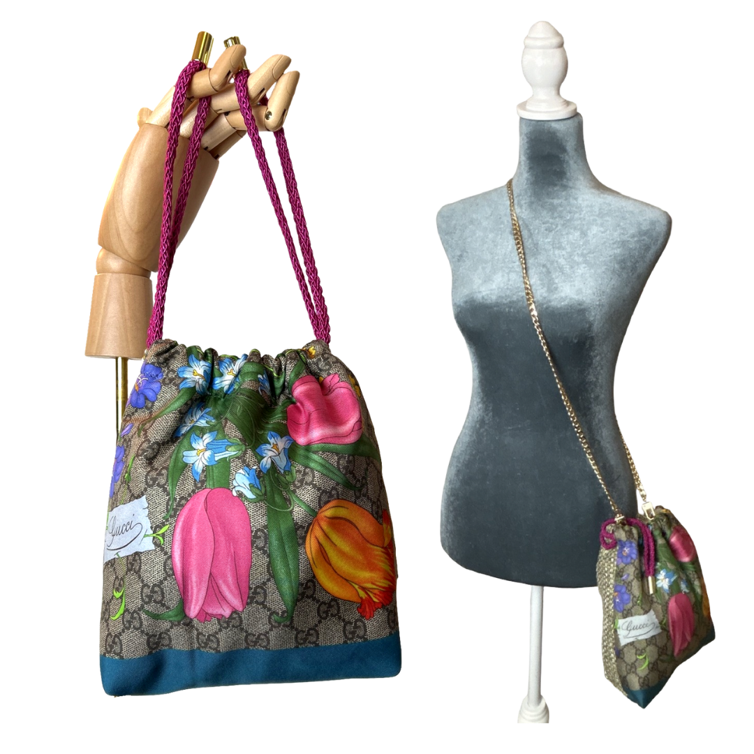 GG Logo Flora   Scarf Drawstring Crossbody Bag