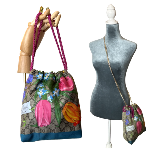 GG Logo Flora   Scarf Drawstring Crossbody Bag