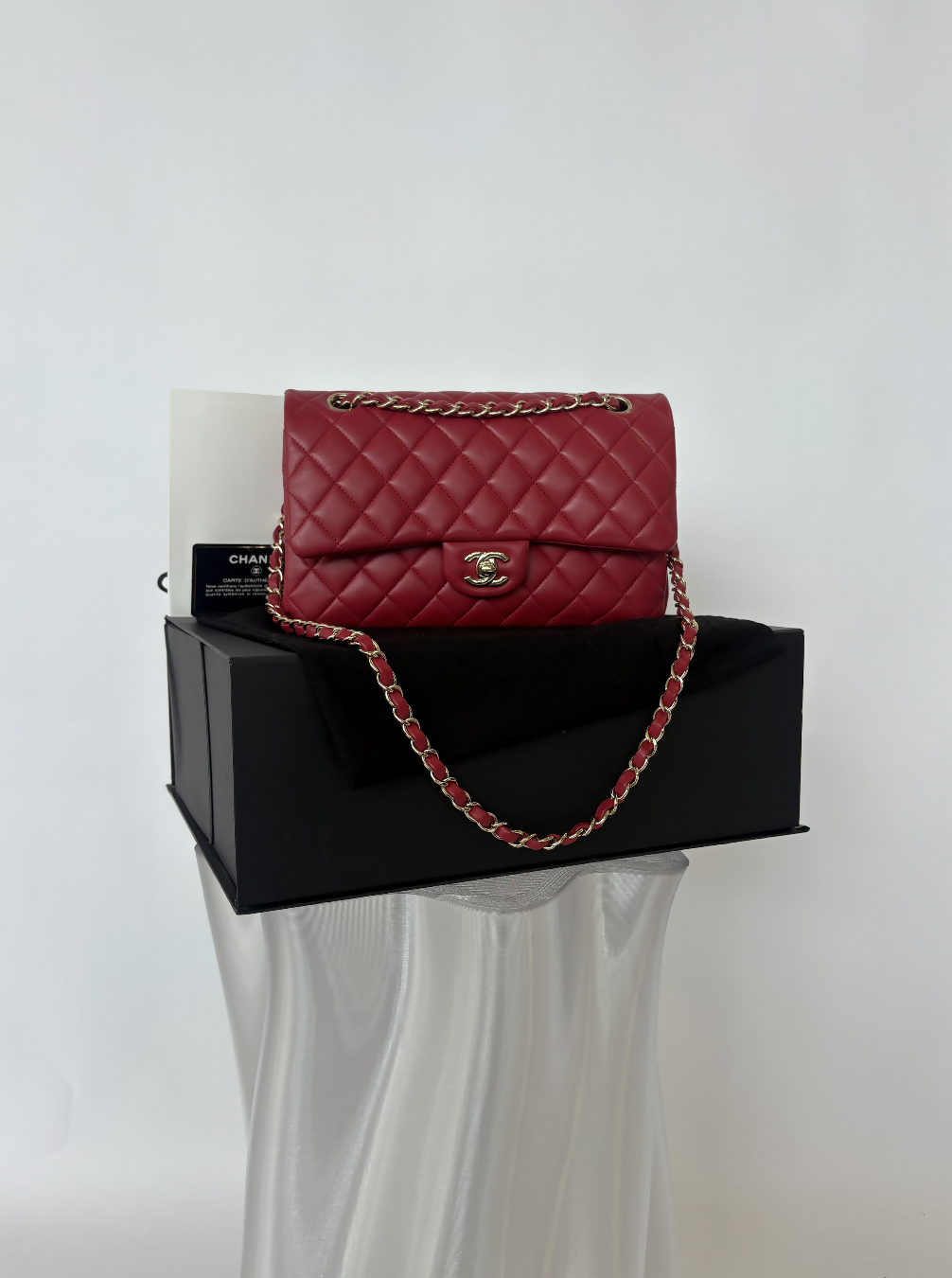 Chanel Medium Double Flap in Dark Pink Lambskin with light Gold Hardware - FULL SET