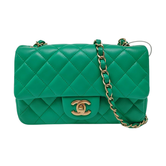 Chanel Classic Flap Mini Rectangular Green Lambskin Leather Gold Hardware