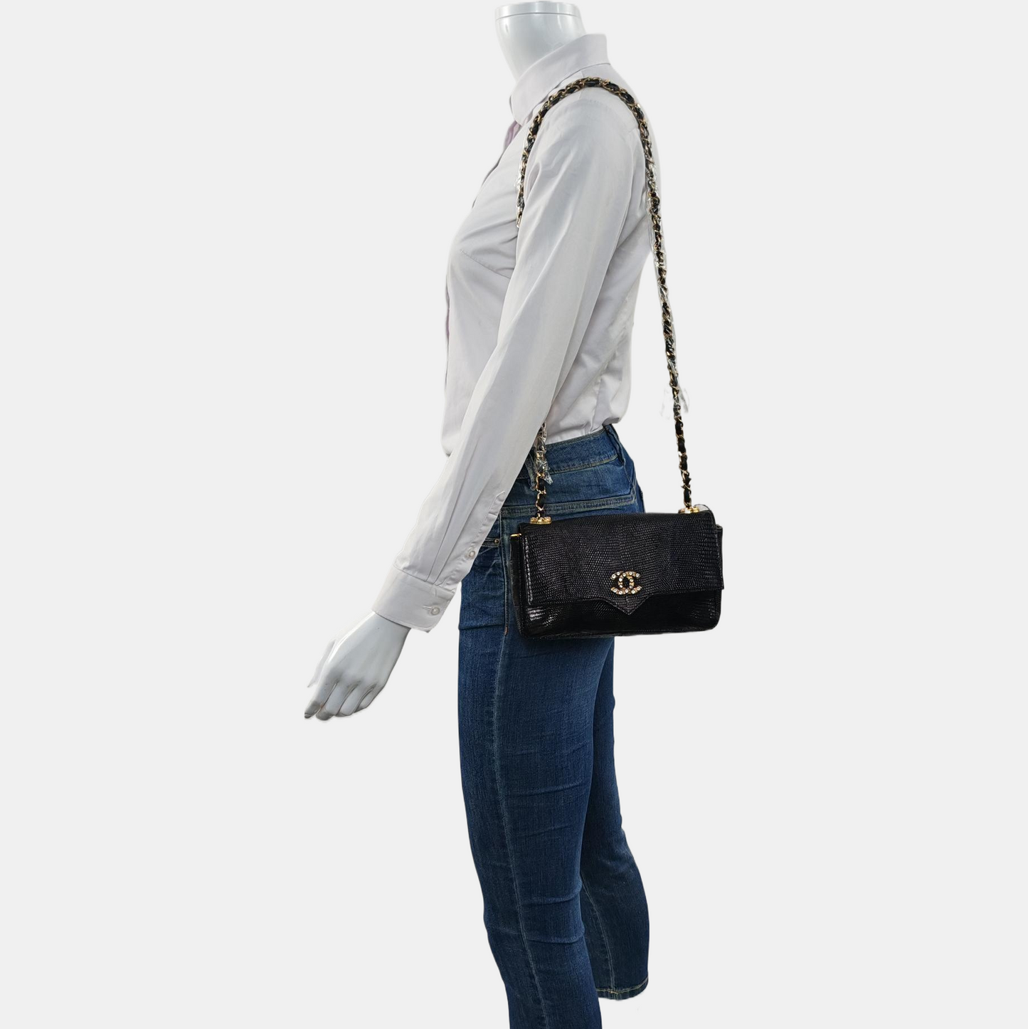 Chanel Classic Flap Mini   Black Lizard Embossed Leather Gem CC Buckle Crossbody Bag