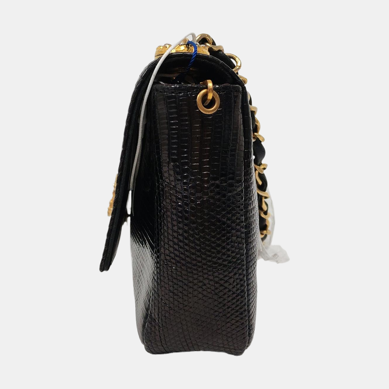 Chanel Classic Flap Mini   Black Lizard Embossed Leather Gem CC Buckle Crossbody Bag