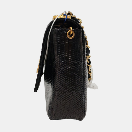 Chanel Classic Flap Mini   Black Lizard Embossed Leather Gem CC Buckle Crossbody Bag