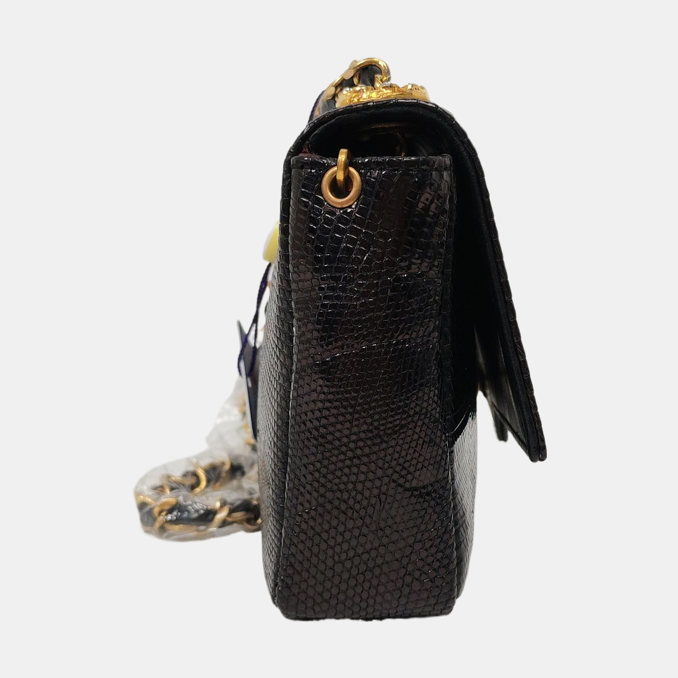 Chanel Classic Flap Mini   Black Lizard Embossed Leather Gem CC Buckle Crossbody Bag