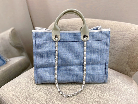 CHL -  Deauville Tote Tweed Canvas Bag Fall/Winter Collection, Light Blue/White For Women 15in/38cm