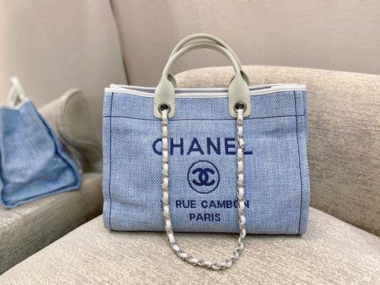 CHL -  Deauville Tote Tweed Canvas Bag Fall/Winter Collection, Light Blue/White For Women 15in/38cm