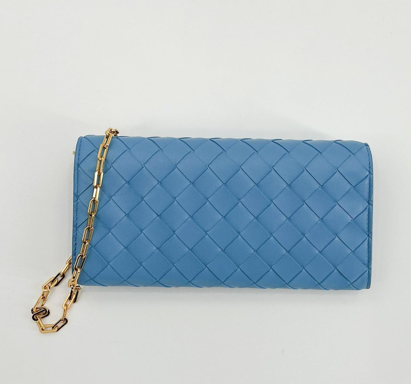 B V  - Intrecciato Leather Chain Wallet - Sky Blue