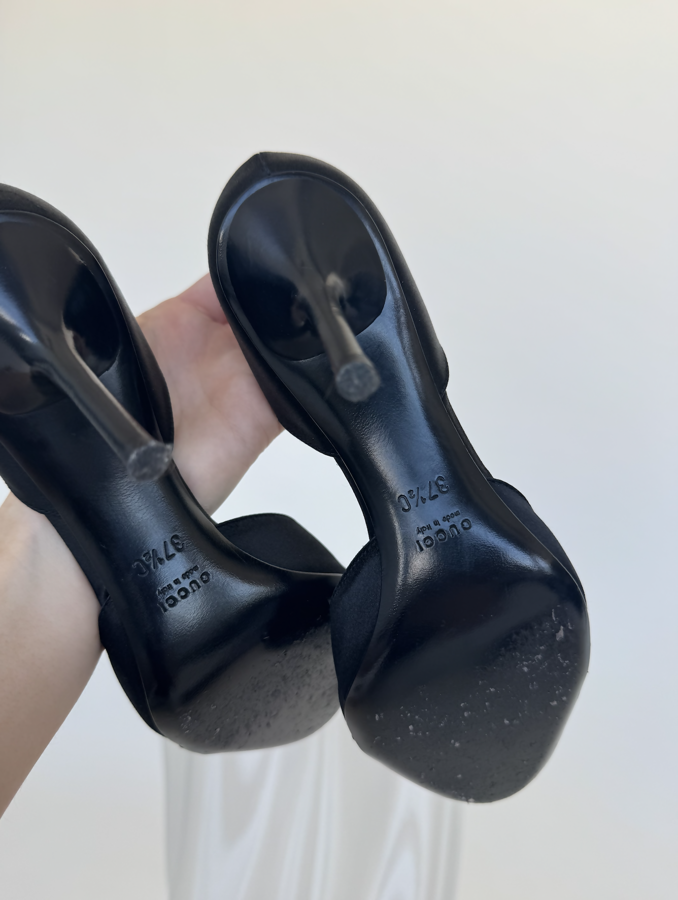 Gucci Black Satin Crystal Horsebit D'Orsay Peep-Toe Pumps - Full Set