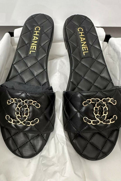 Chanel Black Quilted CC Slides