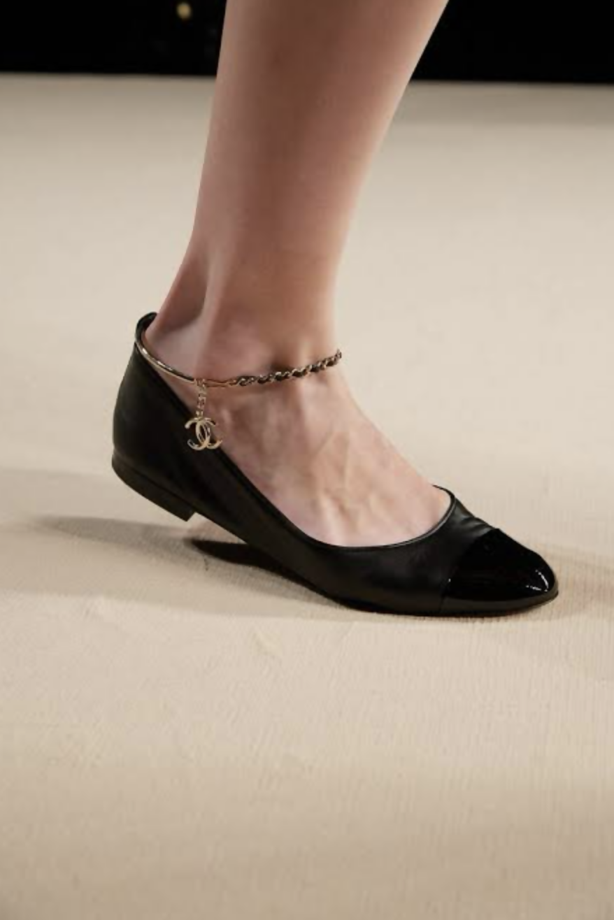 Chanel Waxed Ballet Flats with Pearl Ankle Strap – SS22