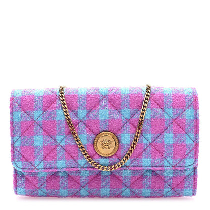 Versace Tweed Quilted Medusa Wallet on Chain Crossbody Pink Blue