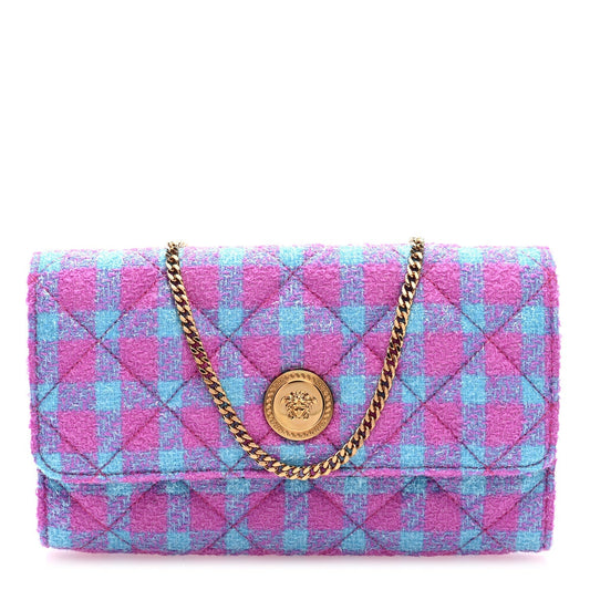 Versace Tweed Quilted Medusa Wallet on Chain Crossbody Pink Blue