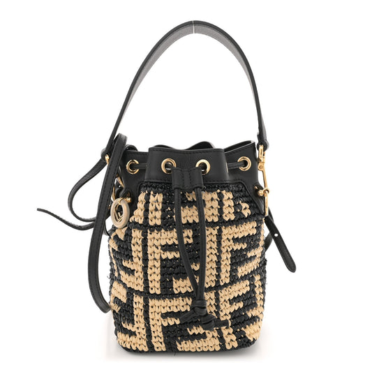 Amelia Raffia Vitello Seta F is FF Woven Mini Mon Tresor Bucket Bag Black Natural