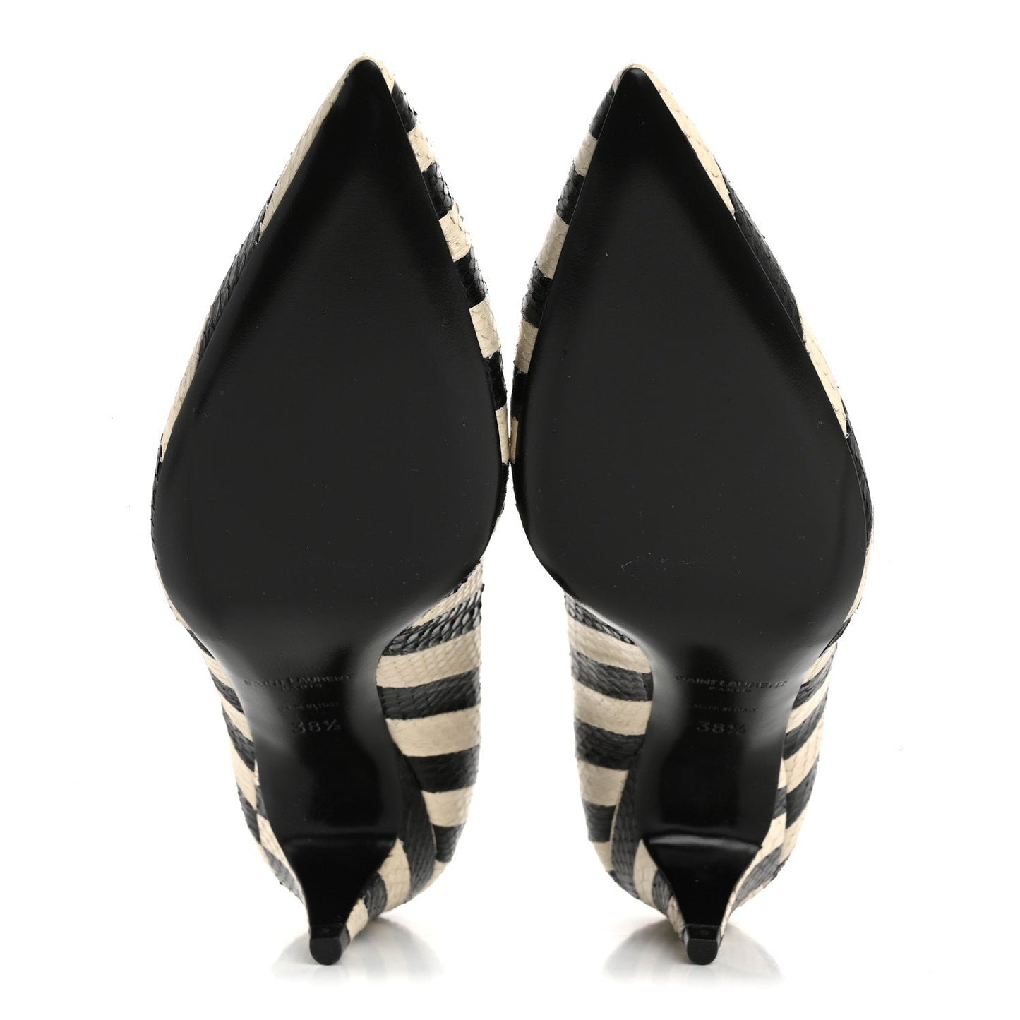 Saint Laurent Elaphe Snakeskin Striped Kiki Kitten Heel Pumps 38.5 Black Off White