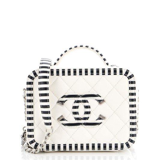 CHANEL Filigree Vanity Case Quilted Caviar with Striped Leather Small