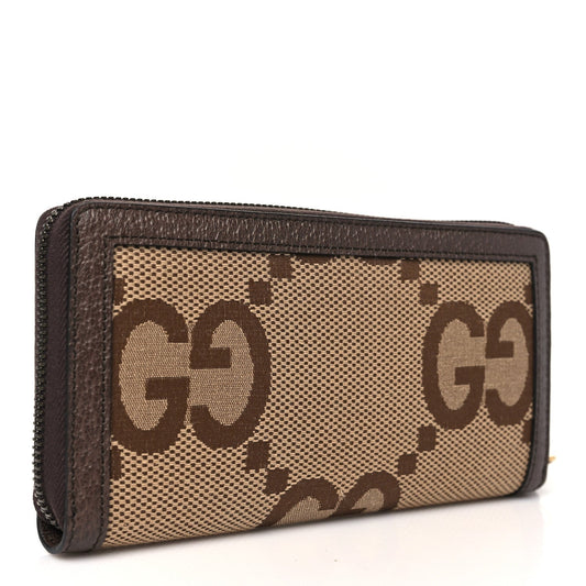 Amelia Monogram Jumbo GG Textured Dollar Calfskin Diana Zip Around Continental Wallet Camel Ebony New Acero