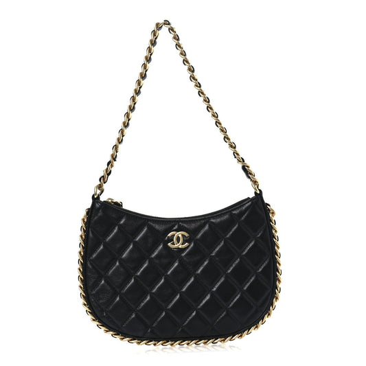 Amelia Shiny Crumpled Lambskin Quilted Trendy Chain Around Hobo Black