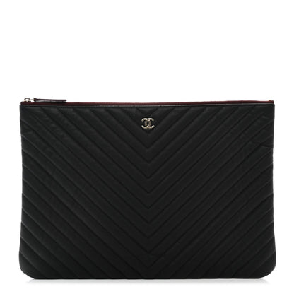 Amelia Caviar Chevron Quilted Large Cosmetic Case Black