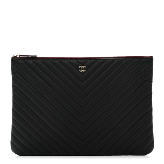 Amelia Caviar Chevron Quilted Large Cosmetic Case Black