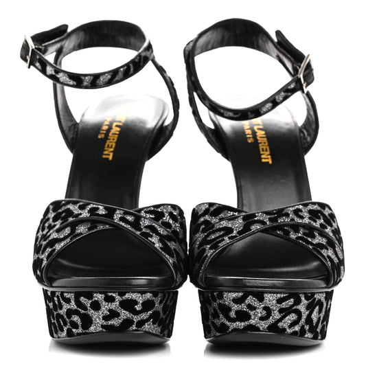 Saint Laurent Velvet Glitter Leopard Print Platform Sandals 37 Argento Black