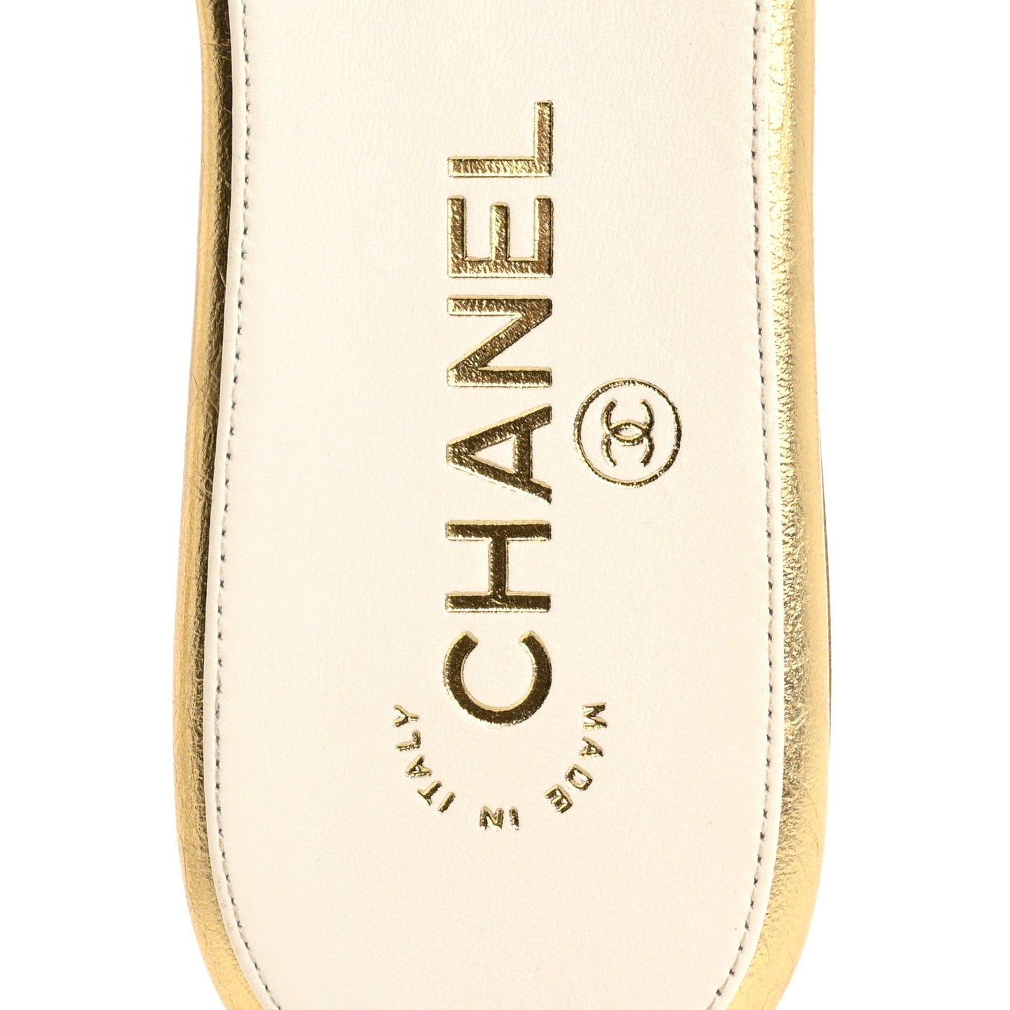Amelia Laminated Lambskin Camellia CC Slide Sandals 36 Golden
