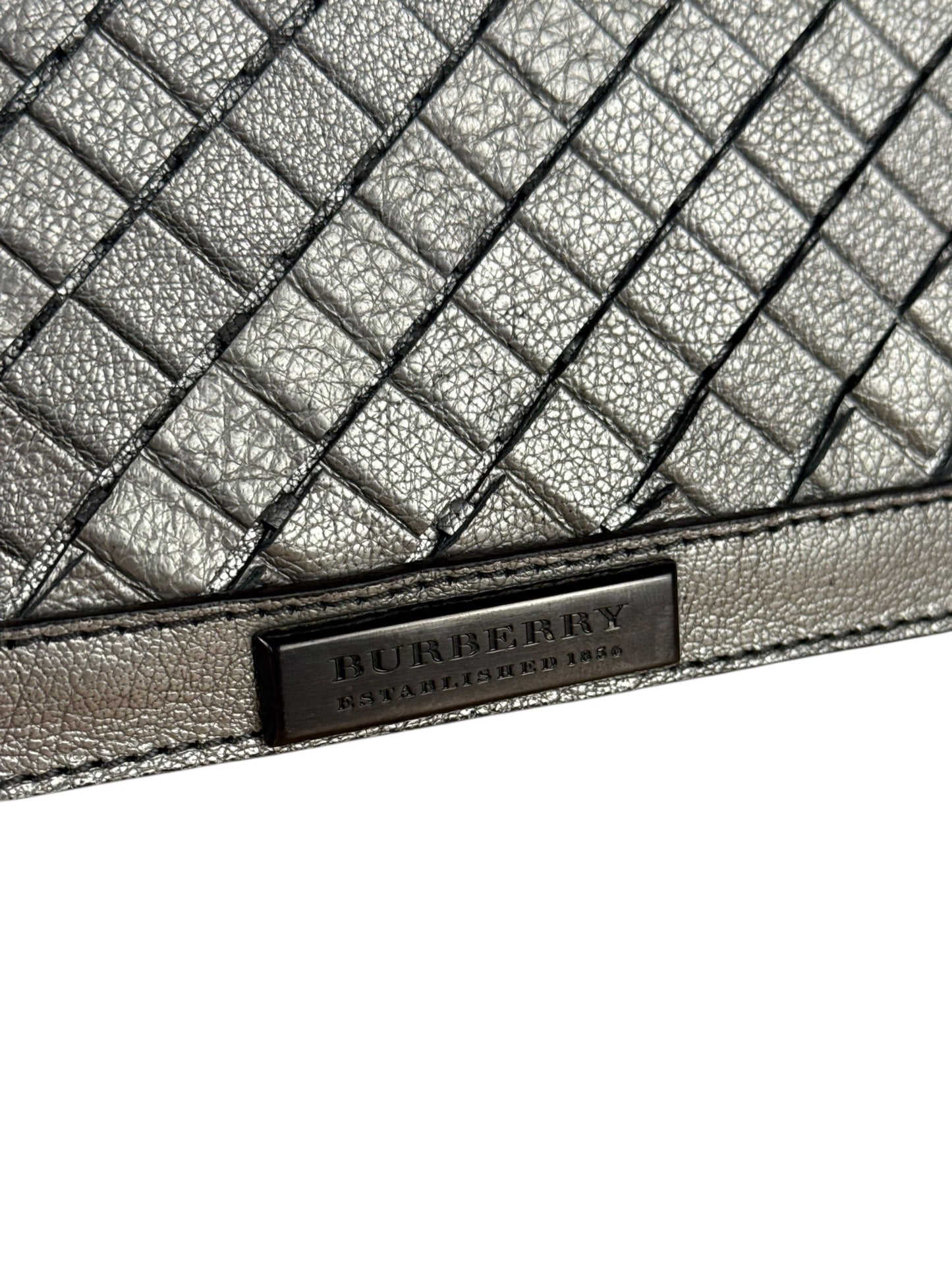 Burberry Metallic Woven Leather Clutch Silver