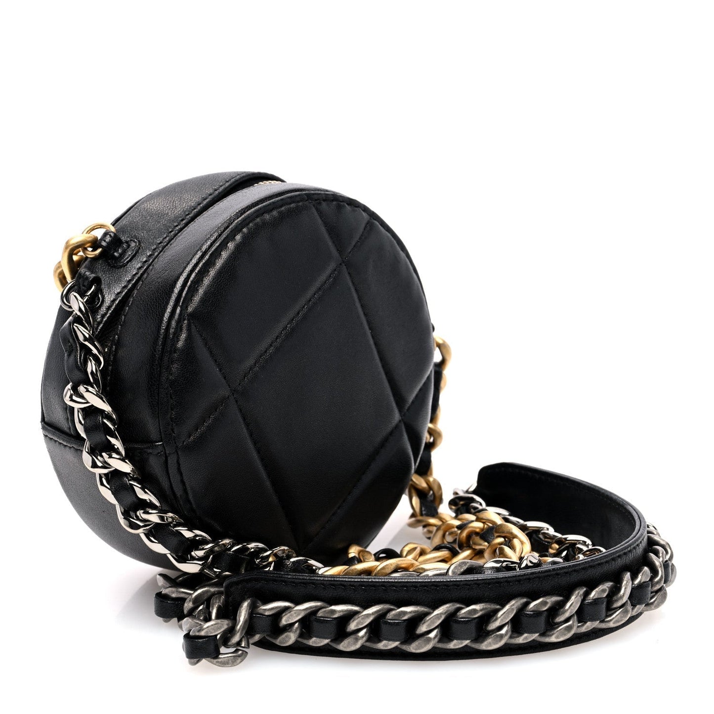 Amelia Lambskin Quilted 19 Round Clutch With Chain Black