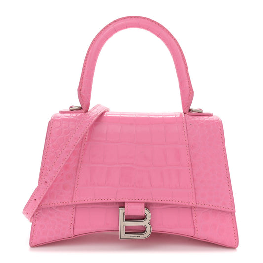 Balenciaga Shiny Calfskin Crocodile Embossed Small Hourglass Top Handle Bag Baby Pink